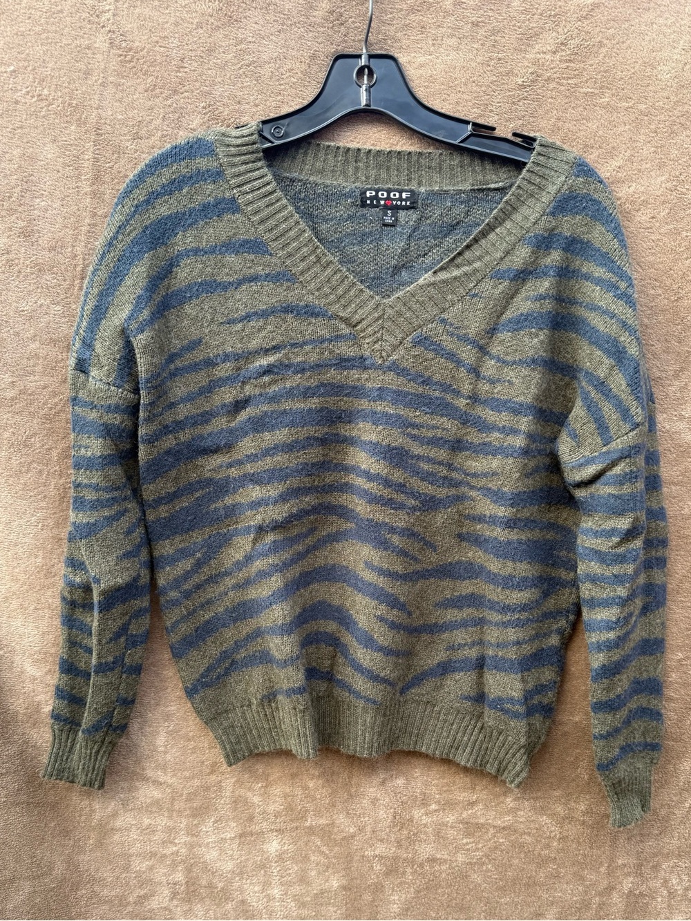 Poof Olive and Blue Zebra-Stripe V-Neck Sweater